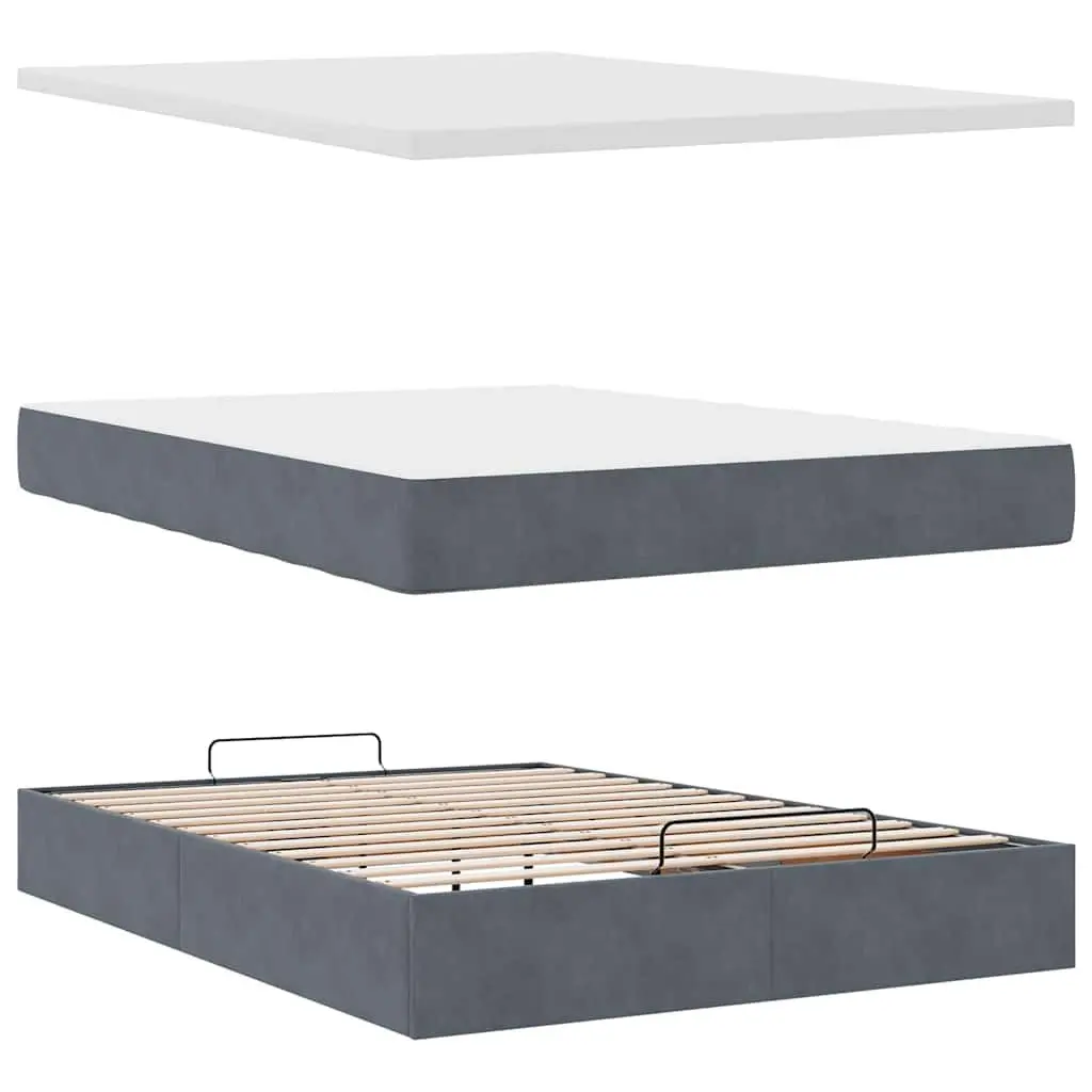 Ottoman Bed Velvet Double Grey Lift-Up Storage Frame with Pocket Spring Mattress and Slats