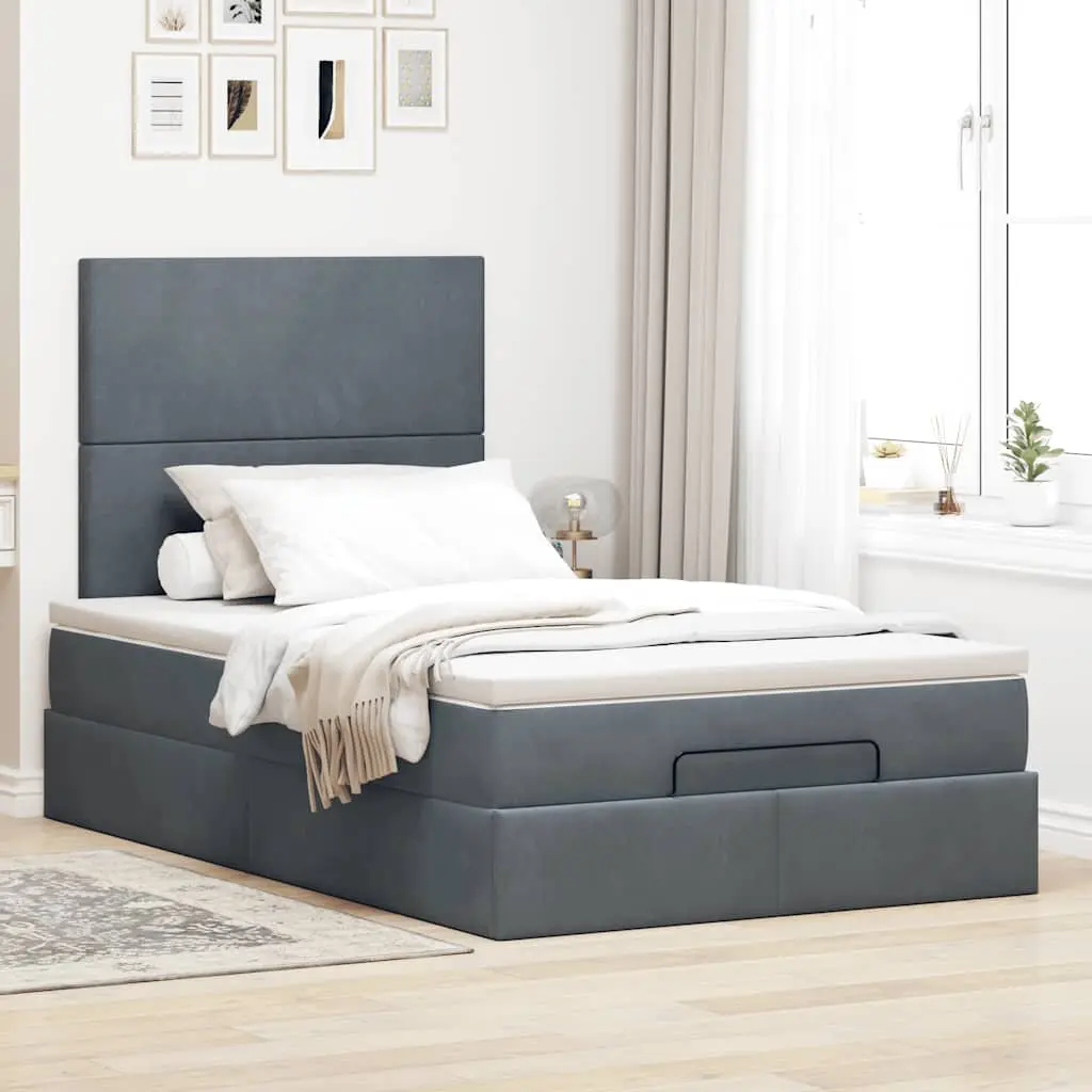 Ottoman Bed King Single with Mattresses Grey Velvet Upholstered Storage Frame