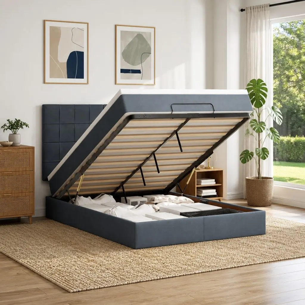 Ottoman Storage Bed Velvet Upholstered Queen Grey with Pocket Spring Mattress