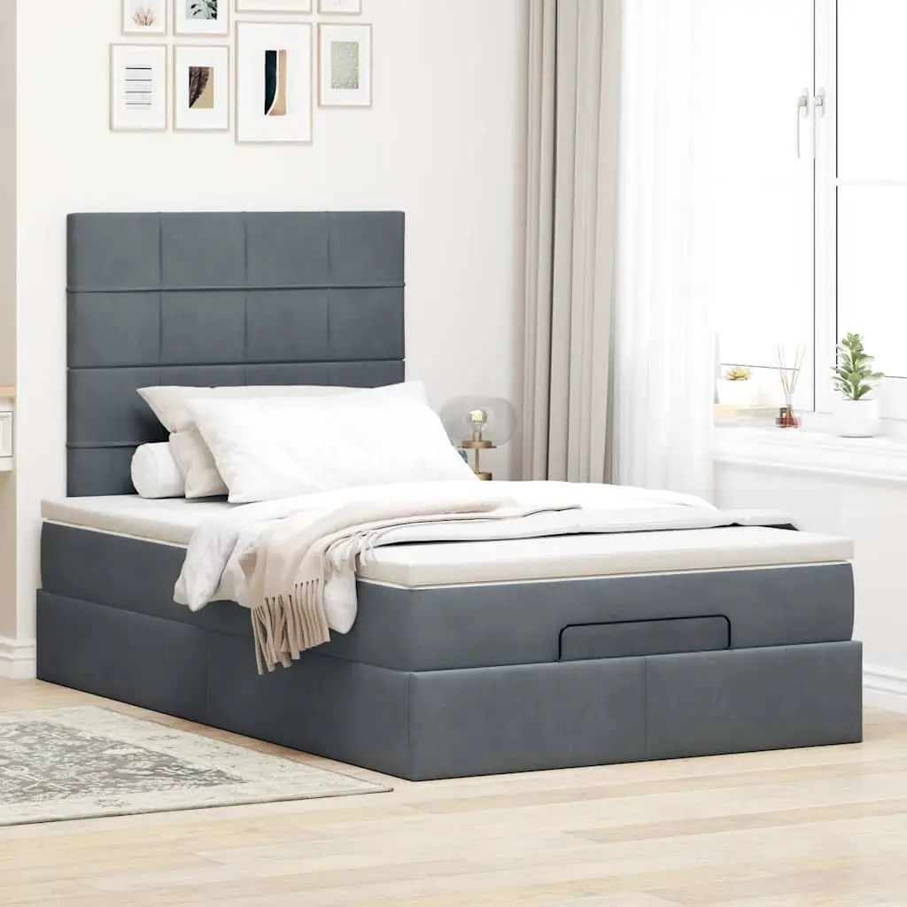 Ottoman Bed King Single Velvet Grey with Pocket Spring Mattresses and Hydraulic Lift Storage