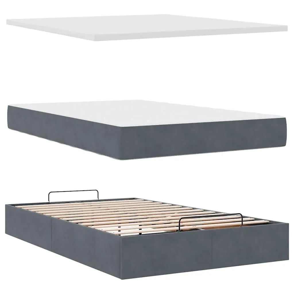 Ottoman Bed King Single Velvet Grey with Pocket Spring Mattresses and Hydraulic Lift Storage
