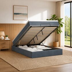 Queen Ottoman Storage Bed with Pocket Spring Mattress Grey Velvet Upholstery