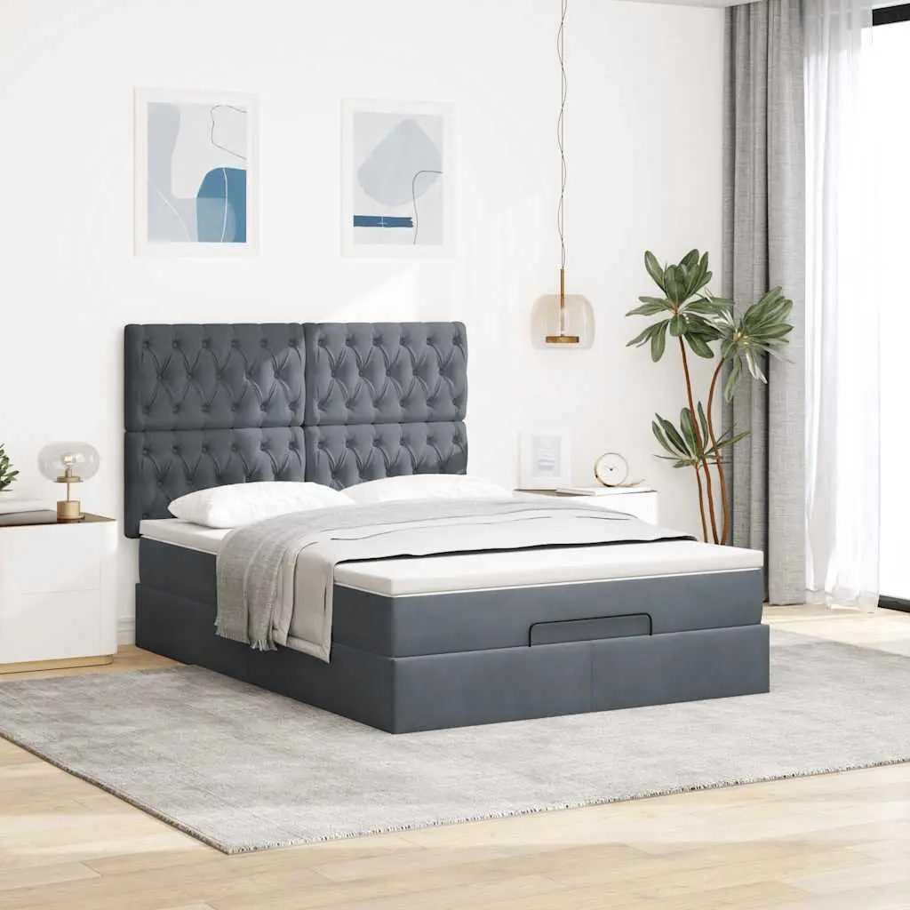 Queen Ottoman Storage Bed with Pocket Spring Mattress Grey Velvet Upholstery