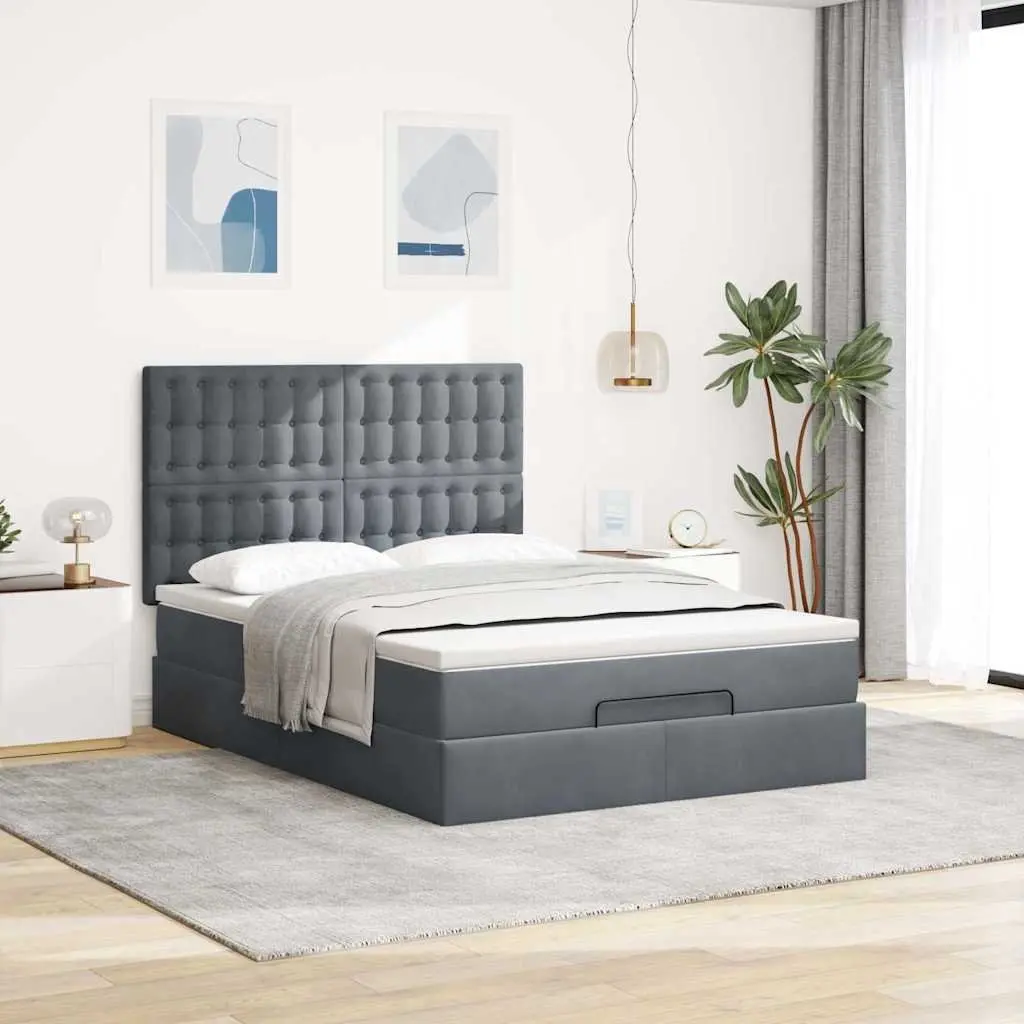 Ottoman Bed with Mattresses Double Grey Velvet Storage Lift Hydraulic