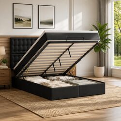 Practical Queen Ottoman Bed in Black Faux Leather with Storage