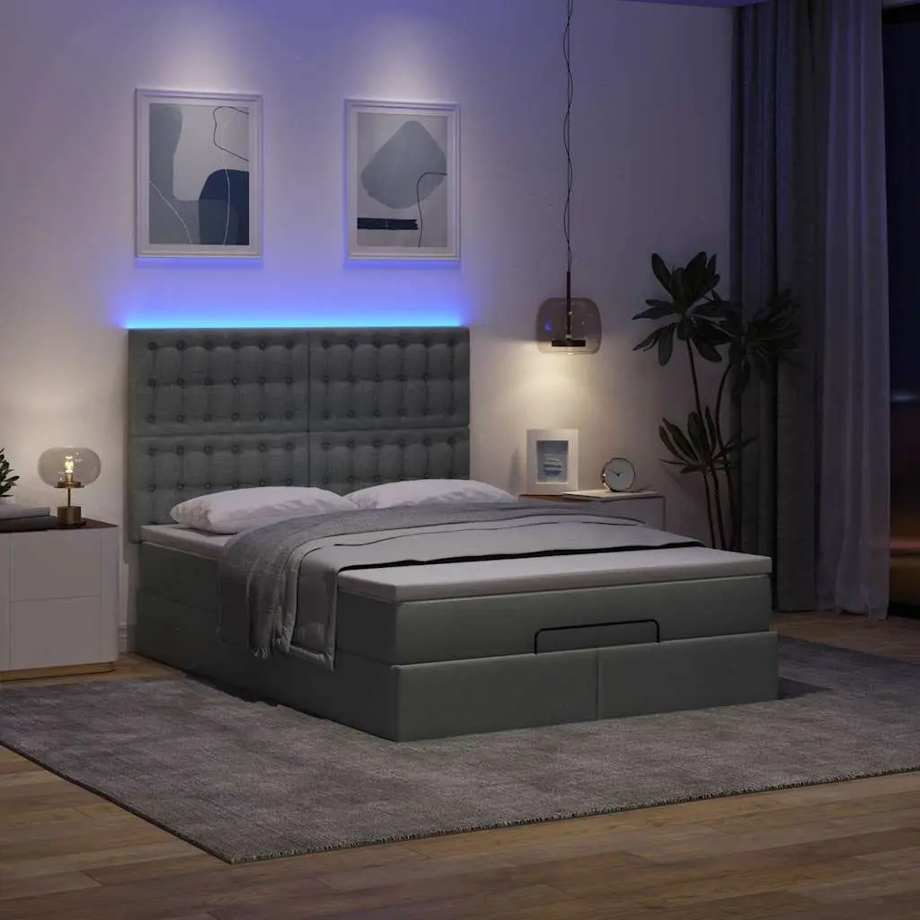 Ottoman Bed Pocket Spring Mattress Queen Grey Fabric with LED Lights