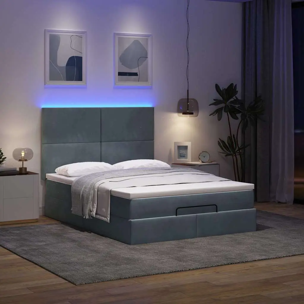 Double Ottoman Bed Velvet Grey with Pocket Spring Mattresses and LED Lights