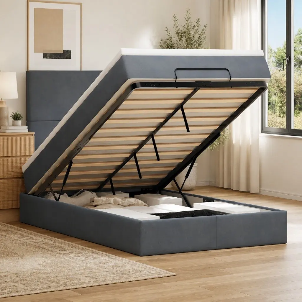 Ottoman Bed with Mattress LED Lights King Single Velvet Storage Bed Frame Grey