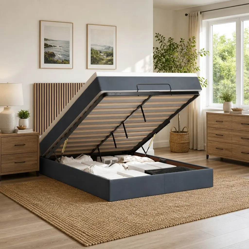 Grey Velvet Ottoman Bed with Storage Space