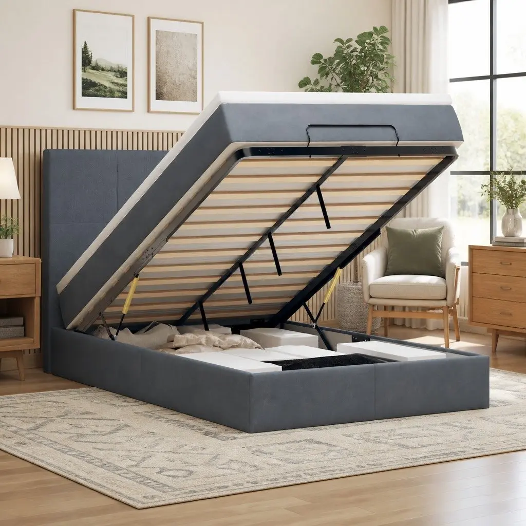 Ottoman Bed King Single with Pocket Spring Mattresses LED Lights Grey Velvet