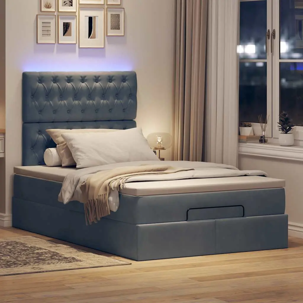 Ottoman Bed King Single with Pocket Spring Mattresses LED Lights Grey Velvet