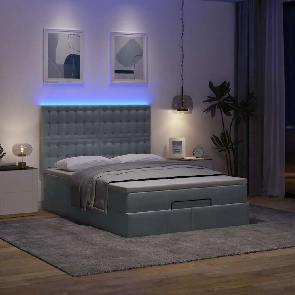 Ottoman Bed Velvet Grey Double with Pocket Spring Mattress Hydraulic Storage LED Lights