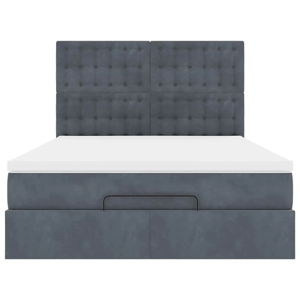Ottoman Bed Queen Velvet Grey with Pocket Spring Mattress Topper and LED Lights