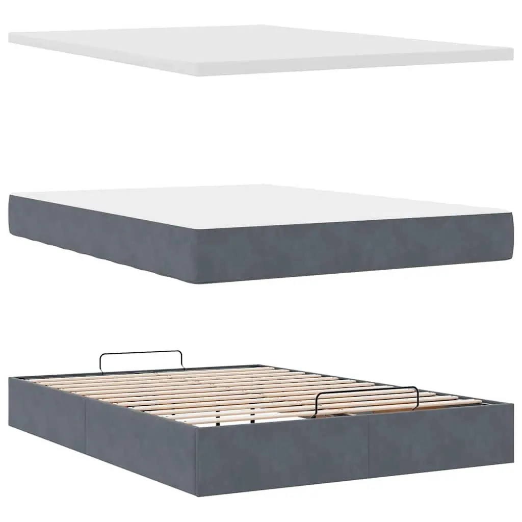 Ottoman Bed Queen Velvet Grey with Pocket Spring Mattress Topper and LED Lights