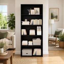 Book Cabinet Black Engineered Wood Storage Bookshelf 5 Compartments Shelving