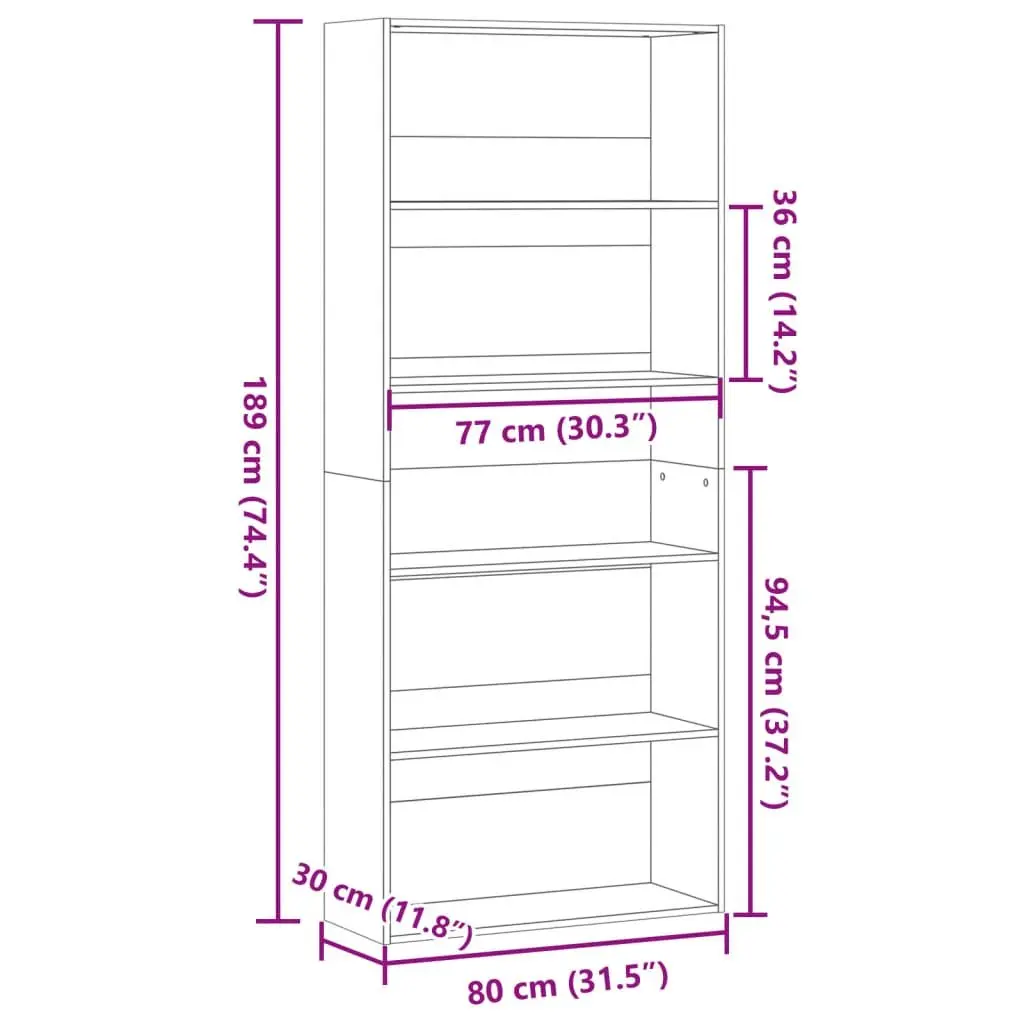 Black Bookcase Room Divider Engineered Wood 80x30x189cm Storage Shelf 5 Compartments