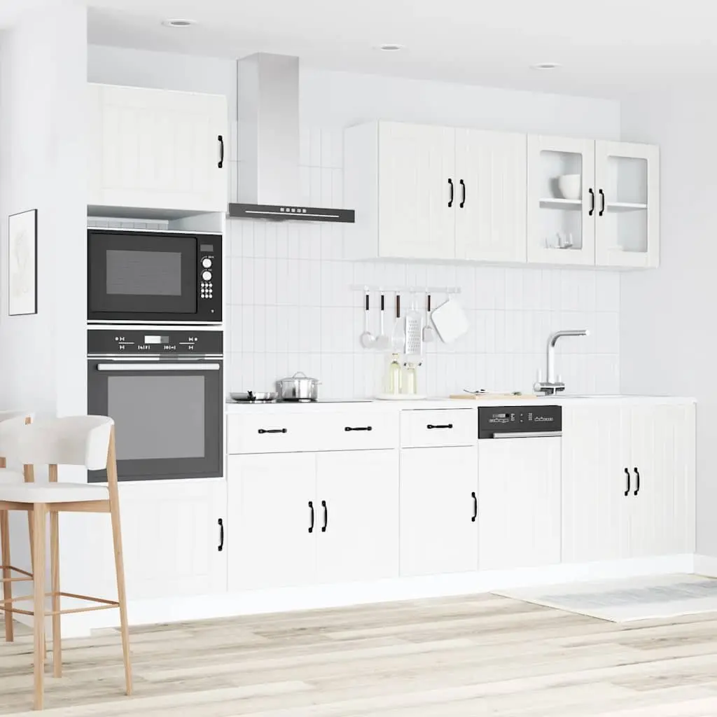 7 Piece White Engineered Wood Cabinet Set Adjustable Storage Furniture for Kitchen