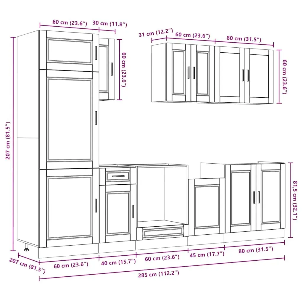 Kitchen Cabinet Set Engineered Wood 8 Piece White Storage Cupboard Adjustable