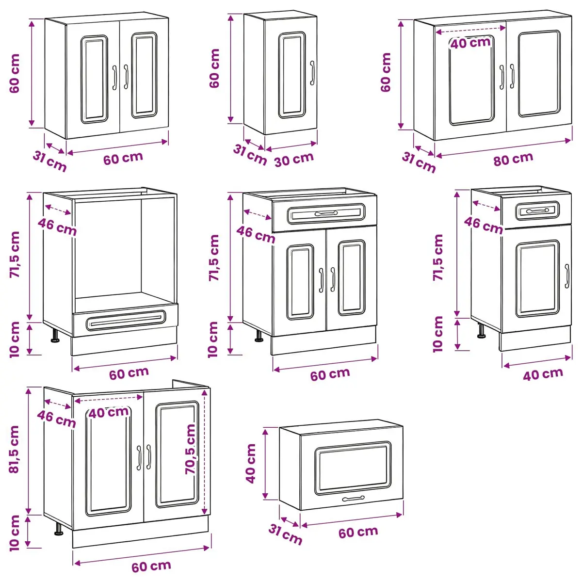 8 Piece Engineered Wood Cabinet Set White Storage Units for Kitchen Organization