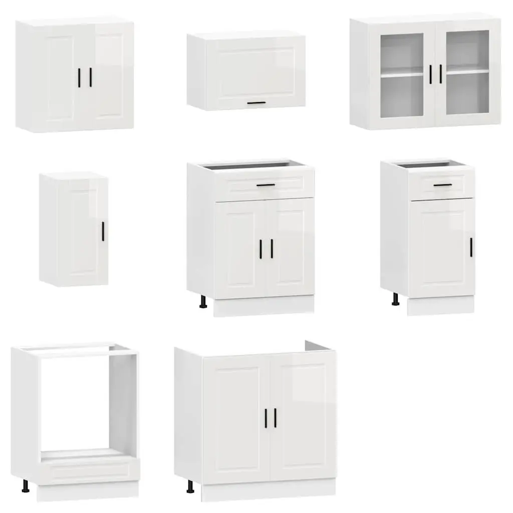 8 Piece Engineered Wood Kitchen Units High Gloss White Storage Cabinets