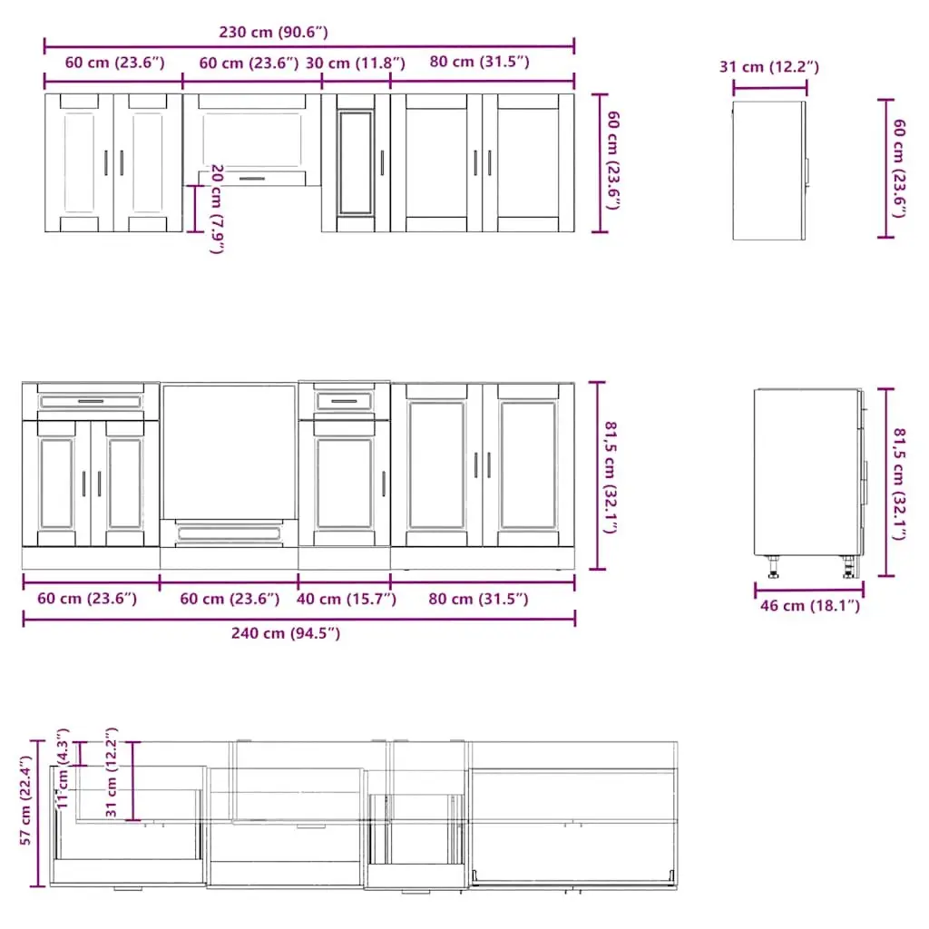 8 Piece Engineered Wood Kitchen Units High Gloss White Storage Cabinets