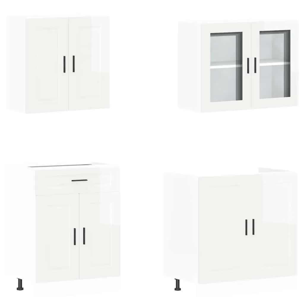 4 Piece Kitchen Cabinet Set Engineered Wood White High Gloss Storage Cupboard