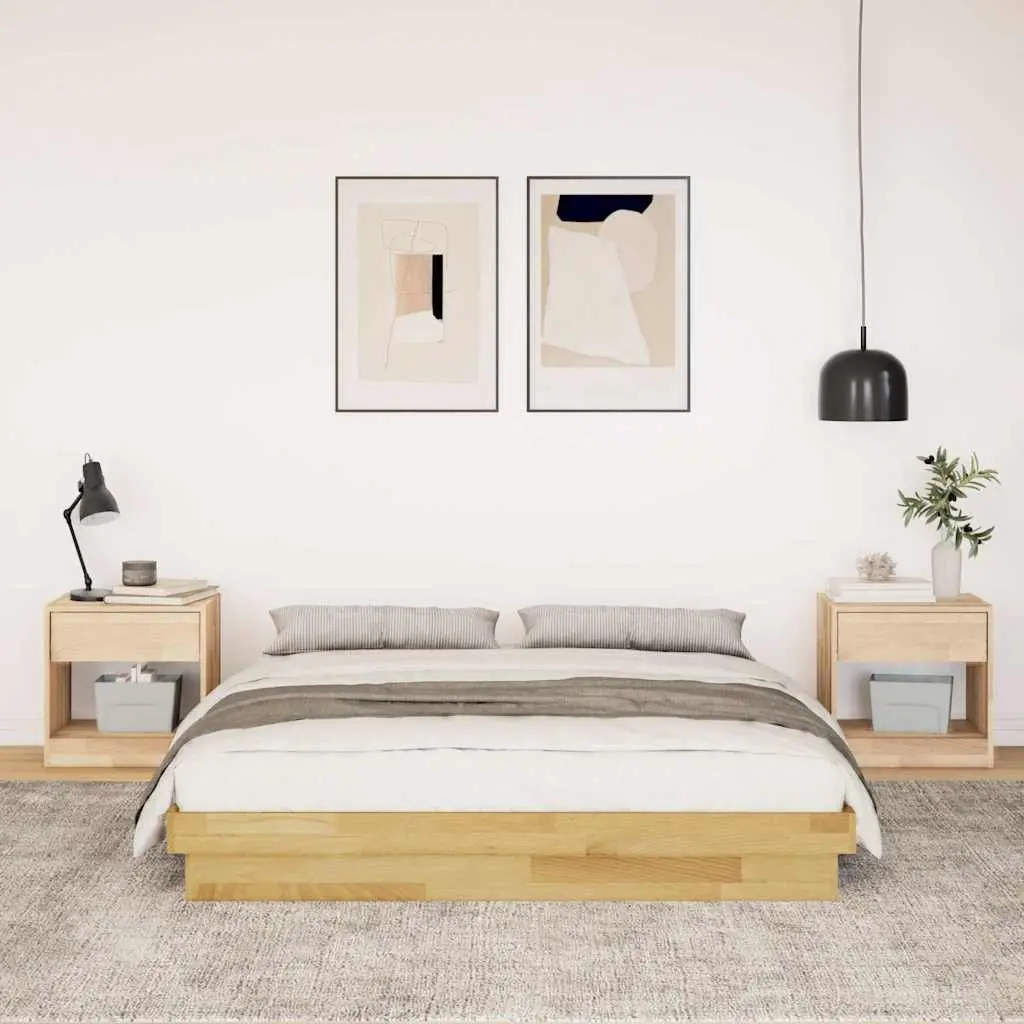 Bed Frame Solid Oak Wood 135x190 cm Low Floor Brown Slatted Base