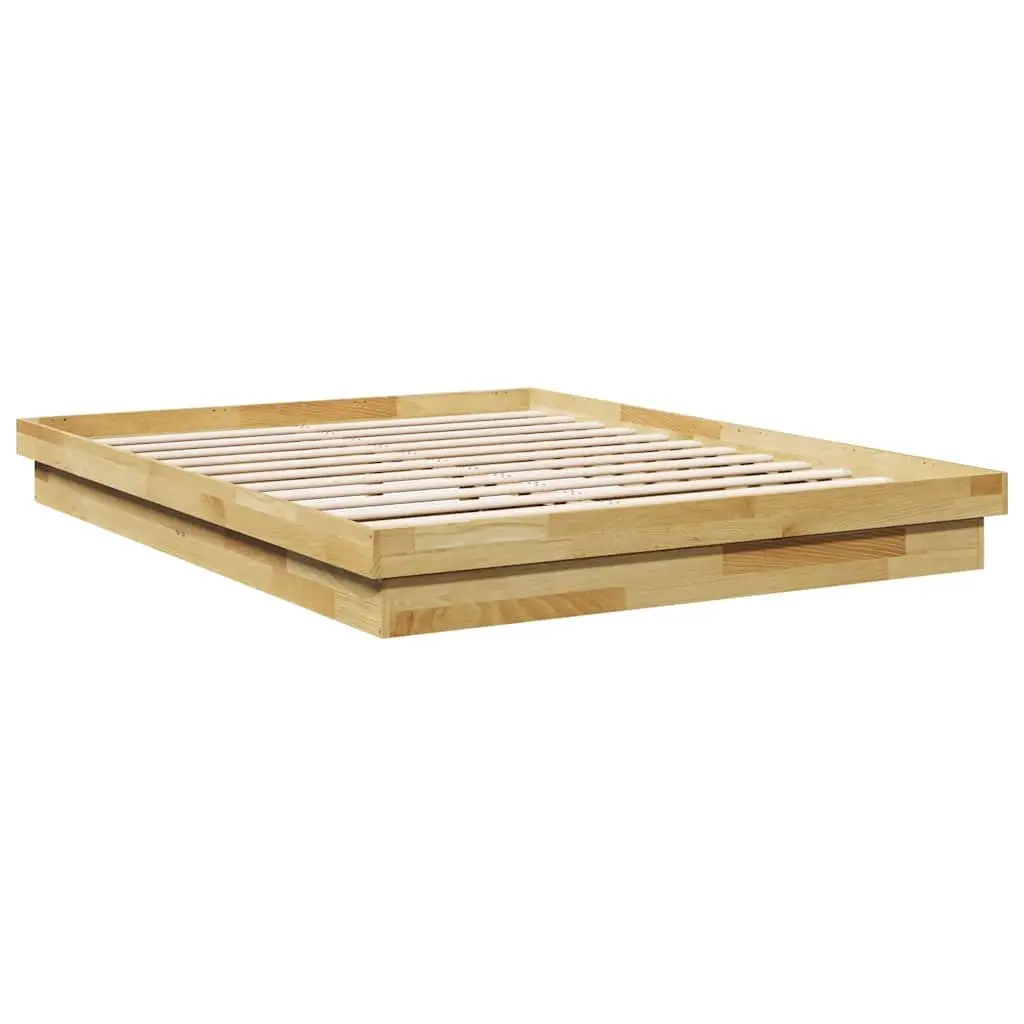 Bed Frame Solid Oak Wood 135x190 cm Low Floor Brown Slatted Base