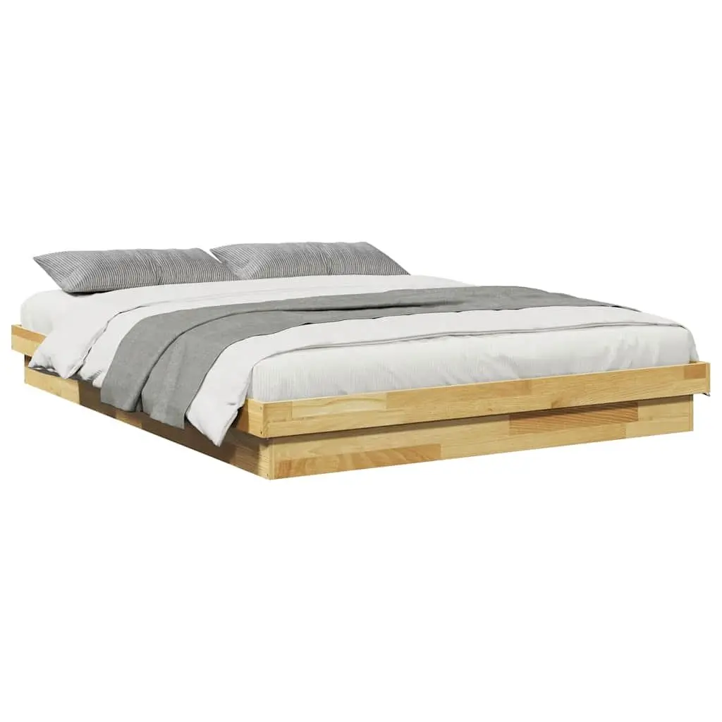 Bed Frame Solid Oak Wood 135x190 cm Low Floor Brown Slatted Base