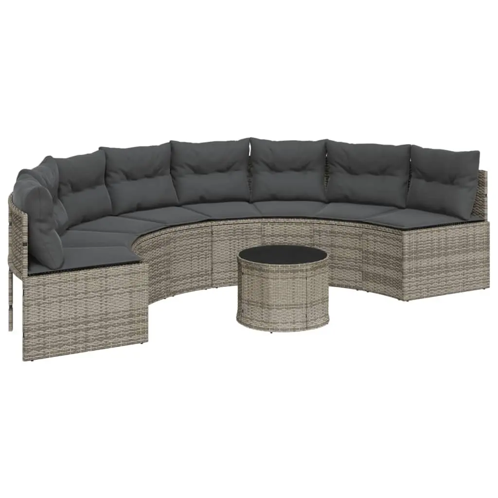 Grey Poly Rattan Half-Round Sofa Set with Cushions and Table Outdoor Furniture