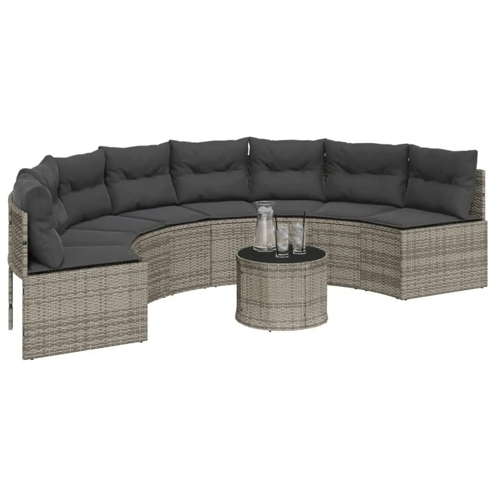 Grey Poly Rattan Half-Round Sofa Set with Cushions and Table Outdoor Furniture
