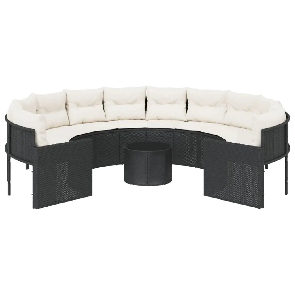 Round Garden Sofa Set with Table and Cushions Black Poly Rattan Outdoor Lounge