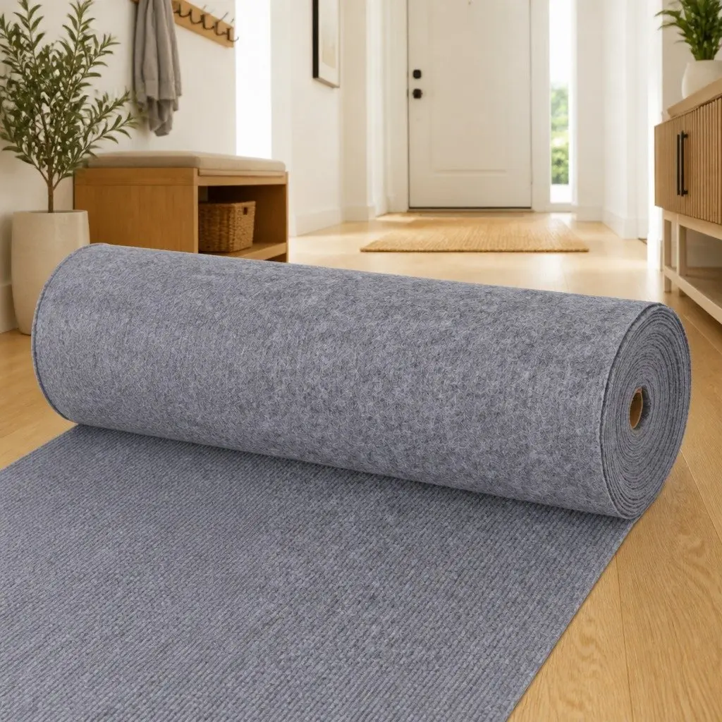 Runner Rug 1.2x10m Grey Polyester Ribbed Texture Non-Slip Indoor Outdoor