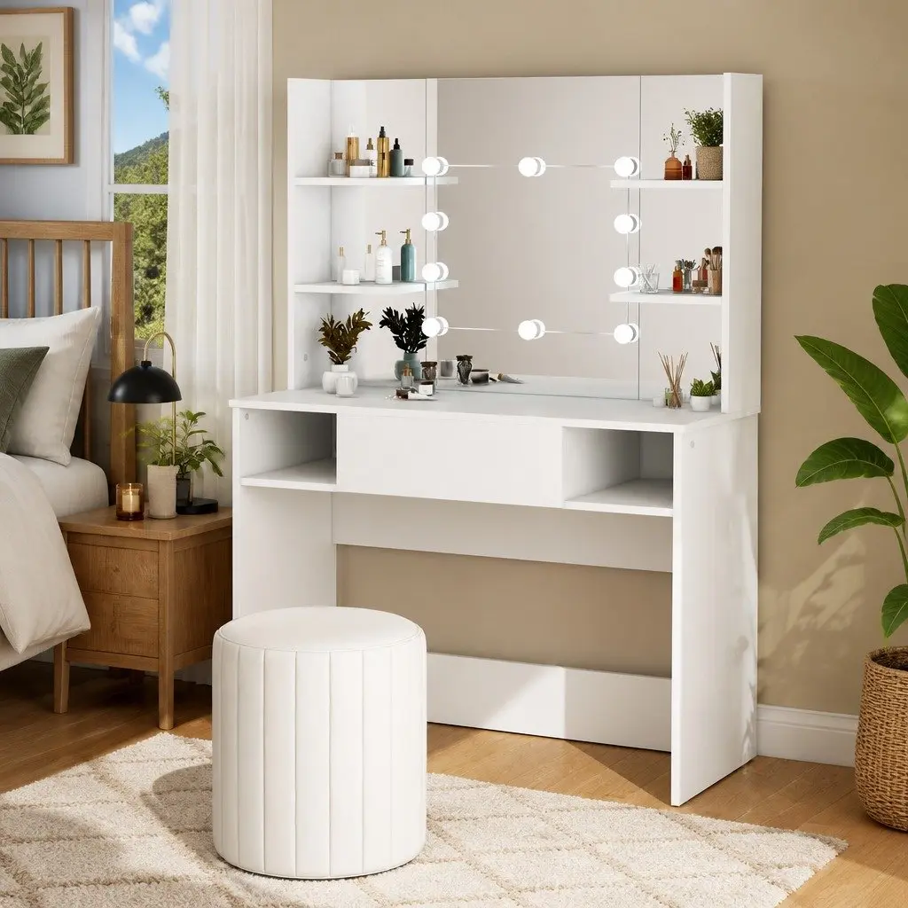 Makeup Dressing Table MDF White with LED Lights Mirror and Storage 100cm W x 40cm D x 135cm H