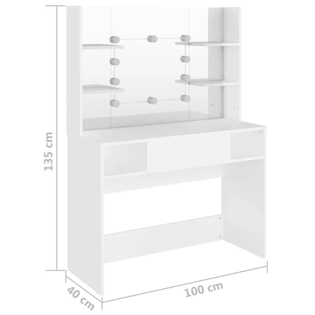 Makeup Dressing Table MDF White with LED Lights Mirror and Storage 100cm W x 40cm D x 135cm H