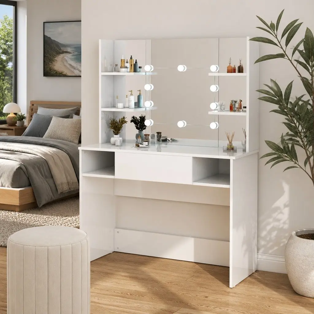 Makeup Vanity Table MDF 100 x 40 x 135 cm White with LED Lights Mirror
