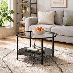 End Table Black Tempered Glass 70cm Modern Coffee Table 2-Tier Storage Shelf