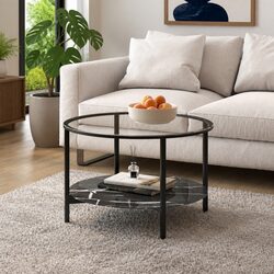Tea Table Black Marble Glass Top 70cm Modern Accent Side Coffee Table 2-Tier