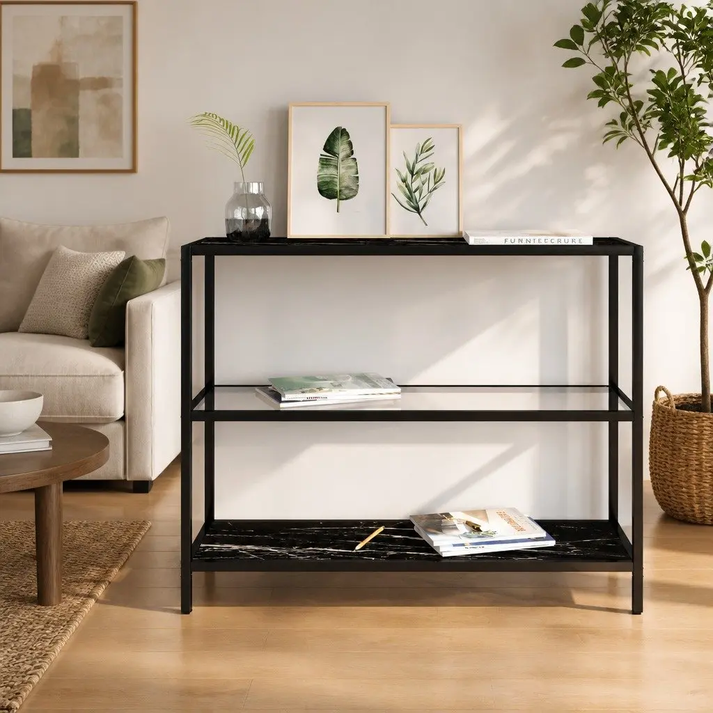 Black Marble Corner Shelf Unit Tempered Glass Storage Display Bookshelf Iron Frame 100x36x90cm