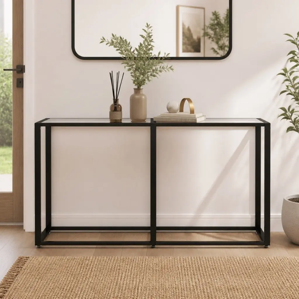 Console Table Powder Coated Steel Frame Transparent Tempered Glass Top 140cm x 35cm x 75.5cm Modern Living Room Furniture