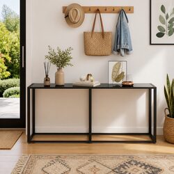Console Table Black Tempered Glass Top Steel Frame Living Room End Table 180cm