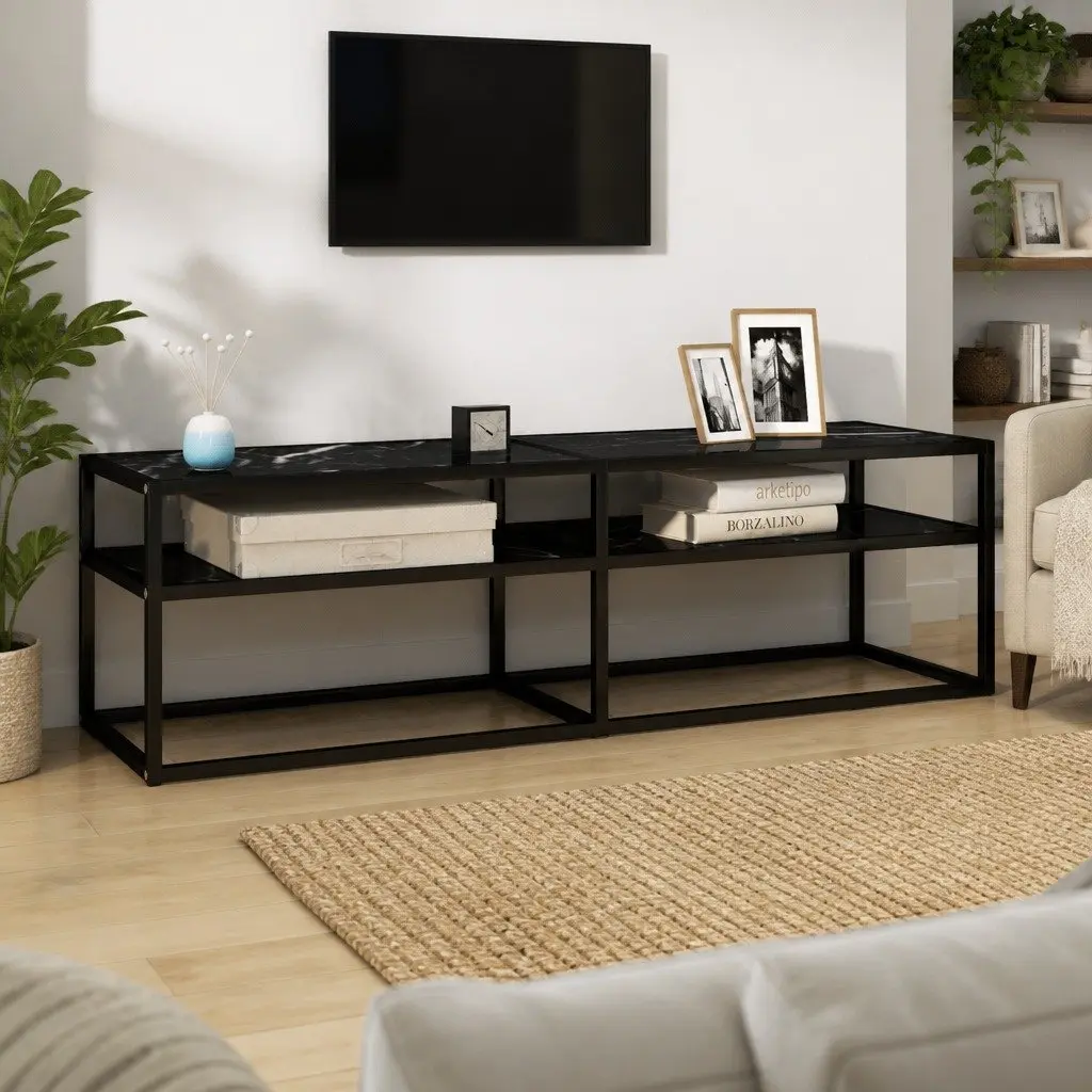 TV Cabinet Black Marble Tempered Glass Shelving Unit Living Room Entertainment