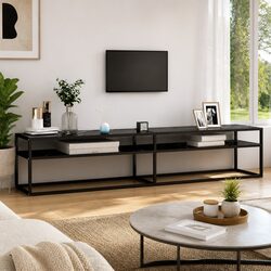 TV Cabinet Black Marble Tempered Glass Storage Unit Living Room Furniture