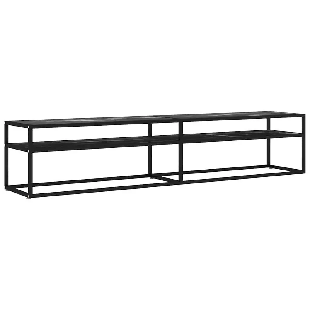 Black Marble TV Cabinet with Tempered Glass Top and Powder-Coated Steel Frame Compact Storage Unit for Living Room Furniture 200x40x40.5cm