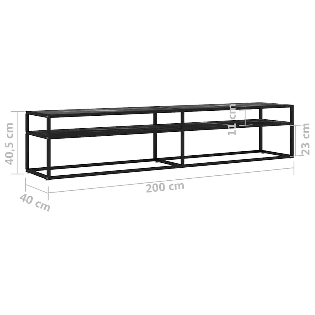 Black Marble TV Cabinet with Tempered Glass Top and Powder-Coated Steel Frame Compact Storage Unit for Living Room Furniture 200x40x40.5cm