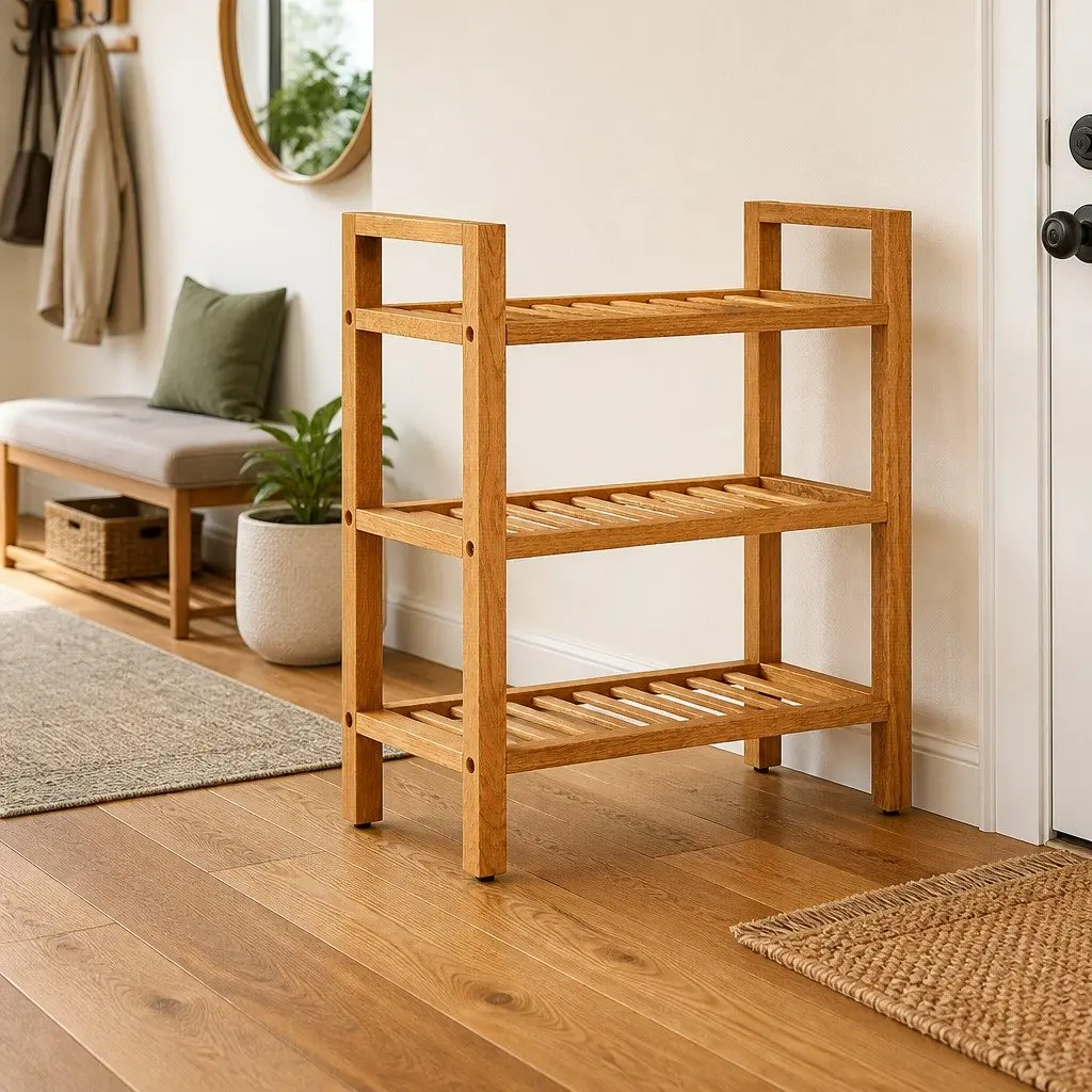 Wooden Shoe Rack Solid Oak Wood 3 Shelves Brown Storage Organiser Hallway