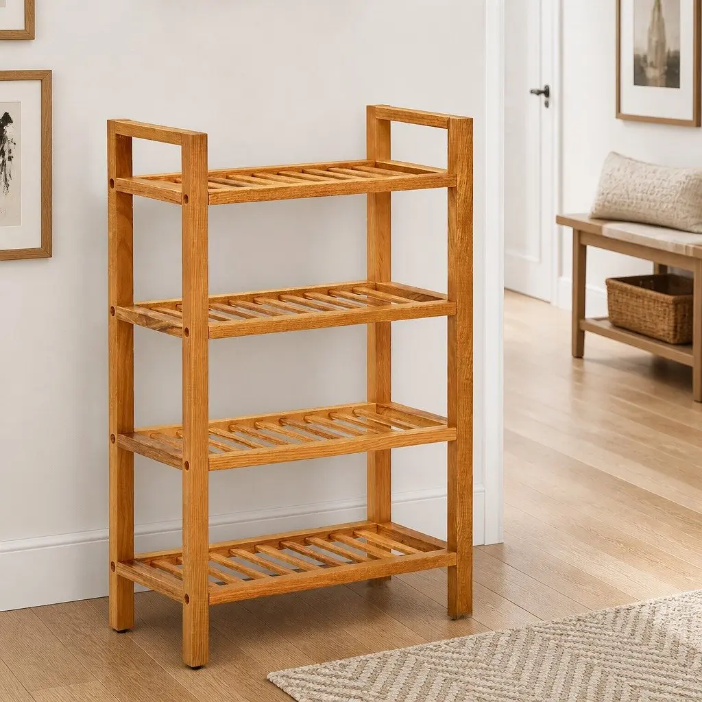 Wooden Shoe Rack Solid Oak 4 Shelves Brown
