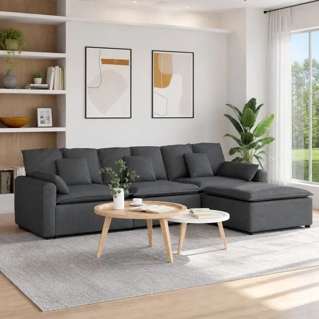 Modular Sofa with Footstool and Cushions Dark Grey Corner Lounge Suite Sectional