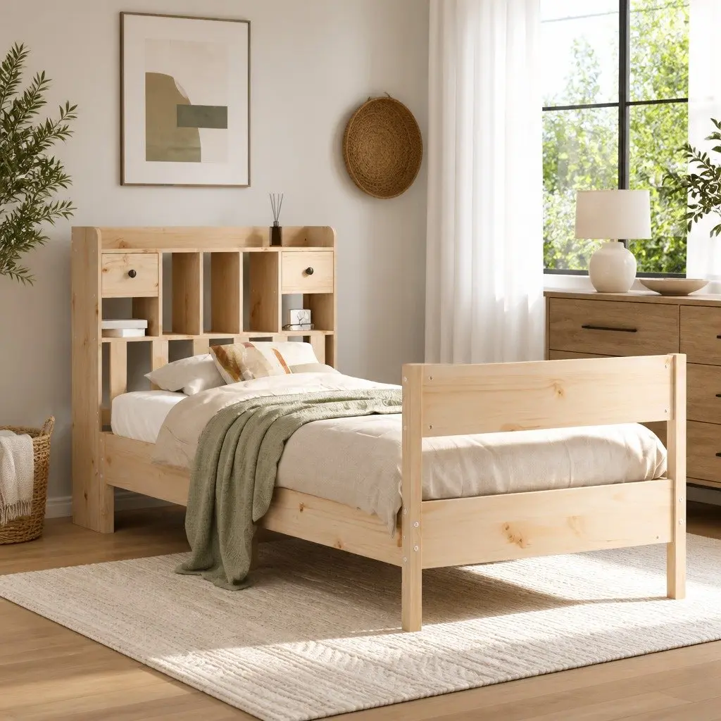 Bookcase Bed Frame Brown 90x190cm Solid Pine Wood with Storage and Slatted Base