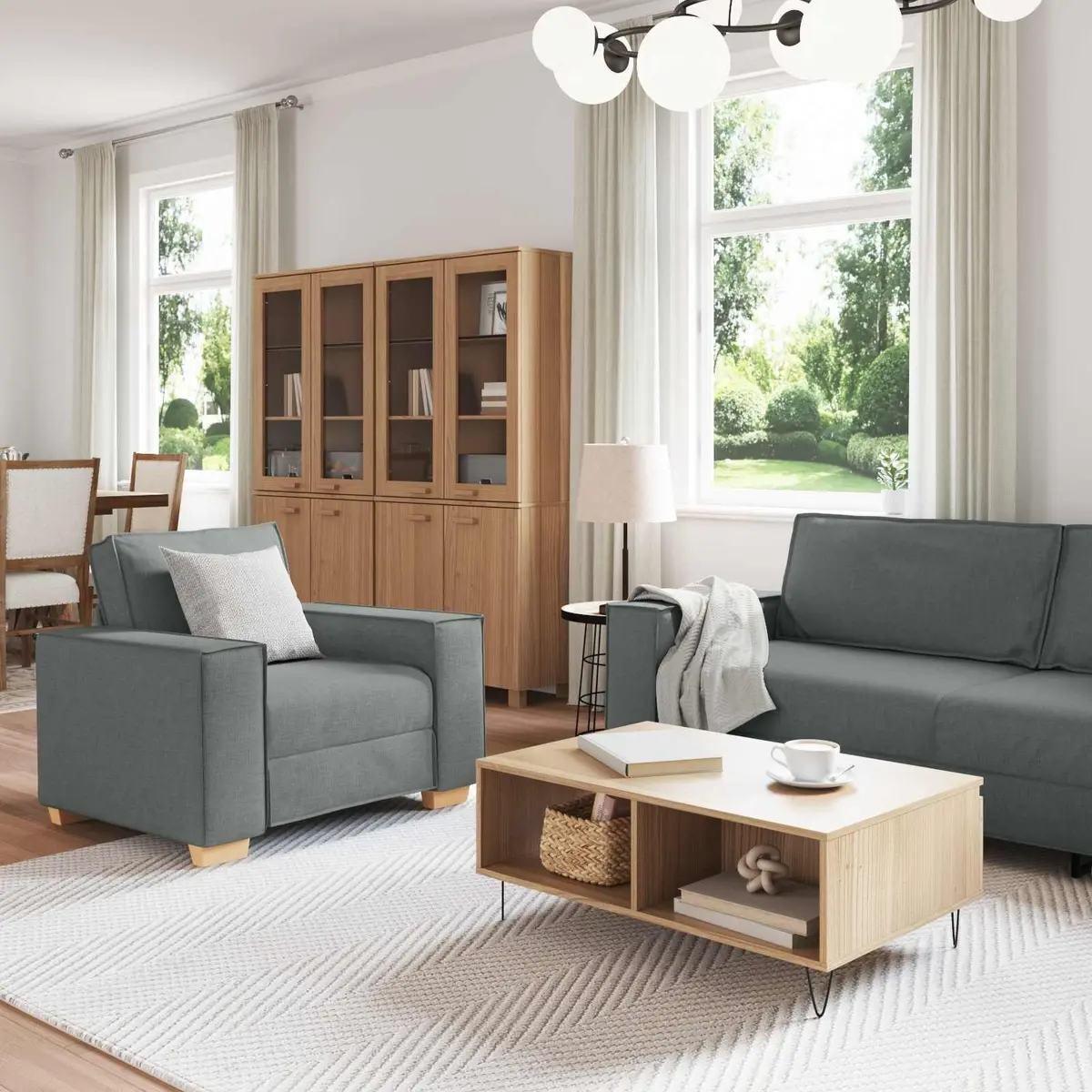 3-Piece Sofa Set Grey Linen-Blend 220cm Wide Modern Living Room Furniture